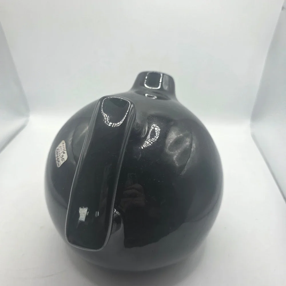 Vintage Camark Art Pottery Black Glossy Spherical Round Jug Single Handle Spout